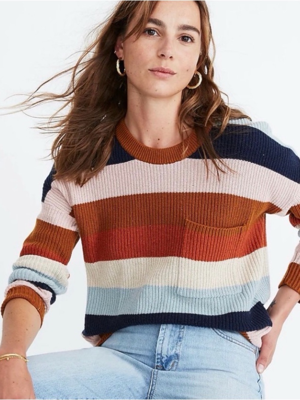 Madewell Multicolor Striped Crewneck Sweater in Rust, Navy & Light Blue